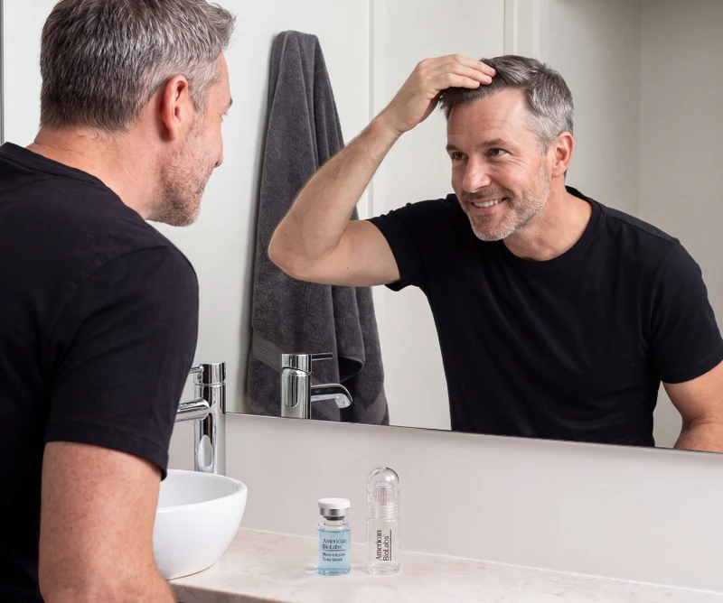 Man styling his hair in a bathroom mirror